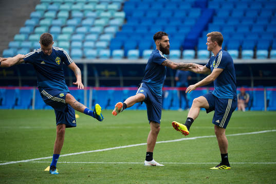Mikael Lustig, Jimmy Durmaz and Emil Krafth of the Swedish
