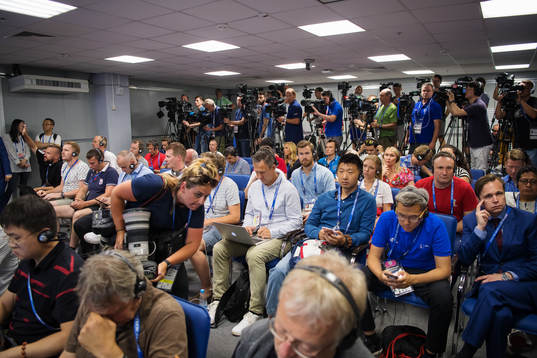 Journalists at a press conference with the Swedish national