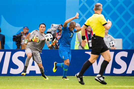 Goalkeeper Keylor Navas of Costa Rica and Miranda of Brazil