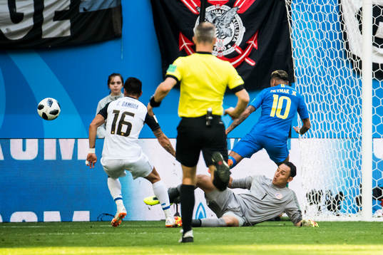 Neymar of Brazil and goalkeeper Keylor Navas of Costa Rica