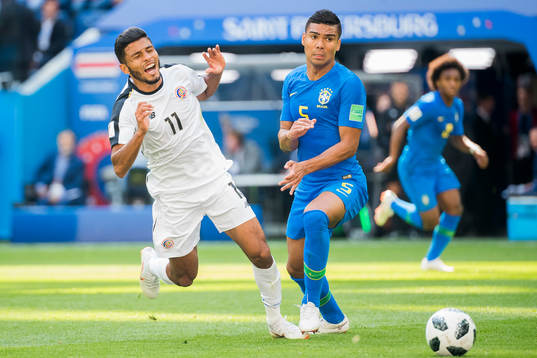 Johan Venegas of Costa Rica and Casemiro of Brazil