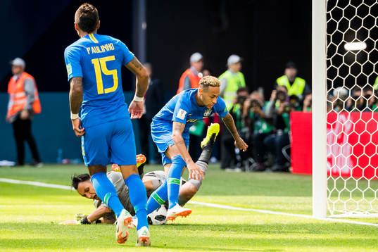 Neymar of Brazil and goalkeeper Keylor Navas of Costa Rica