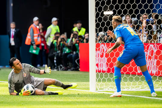 Neymar of Brazil and goalkeeper Keylor Navas of Costa Rica