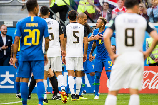 Neymar of Brazil reacts