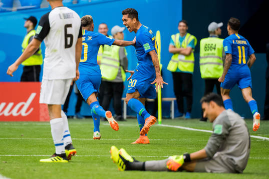 Neymar and Roberto Firmino of Brazil celebrates the 1-0