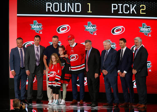 Andrei Svechnikov of Canada poses with team representatives