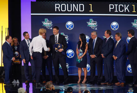 Rasmus Dahlin of Sweden shakes hands with team