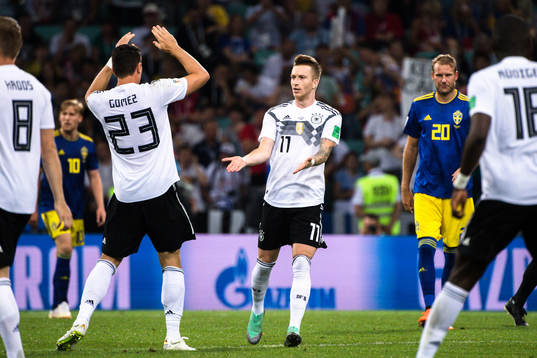 Mario Gomez and Marco Reus of Germany celebrates the 1-1