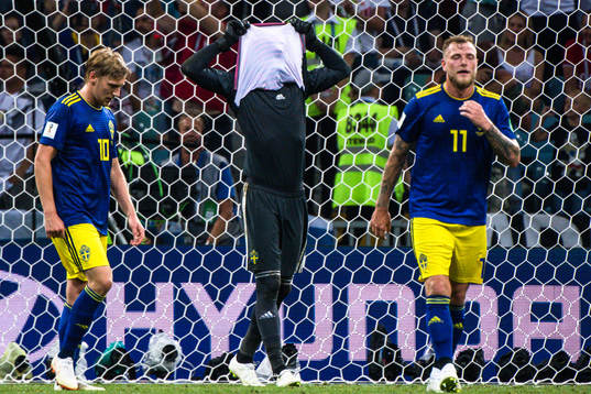 Emil Forsberg, goalkeeper Robin Olsen and John Guidetti of