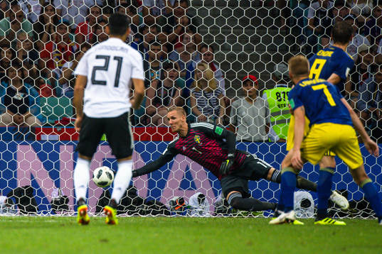 goalkeeper Robin Olsen of Sweden with a save