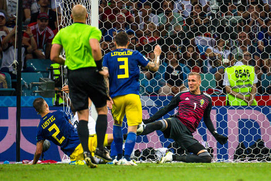 goalkeeper Robin Olsen of Sweden with a save