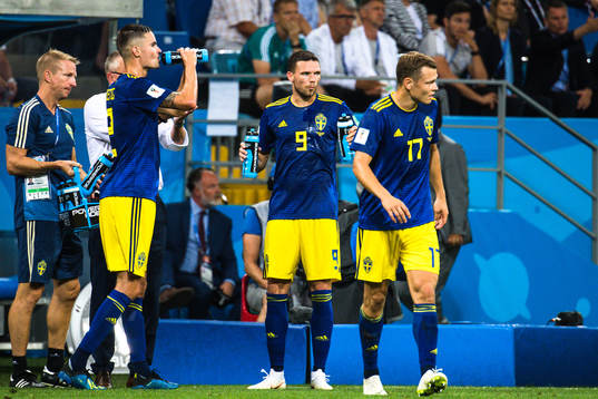 Mikael Lustig, Marcus Berg and Viktor Claesson of Sweden