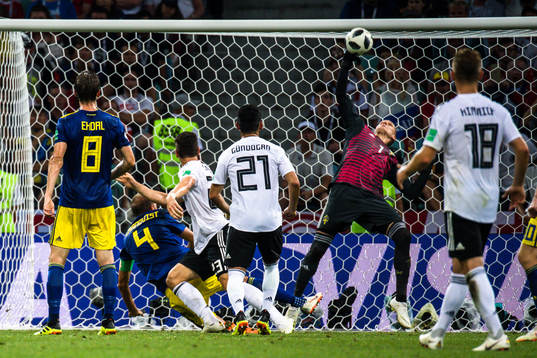 goalkeeper Robin Olsen of Sweden with a save