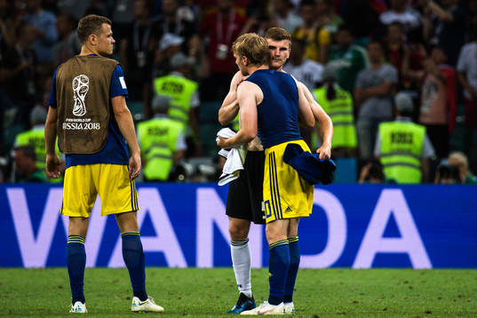 Timo Werner  of Germany and Emil Forsberg of Sweden