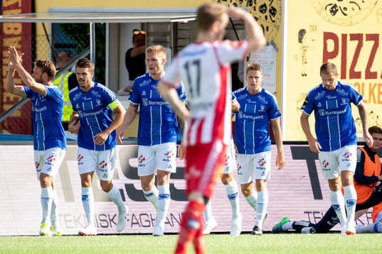Mikkel Agger of Sarpsborg 08 celebrates with his teammates