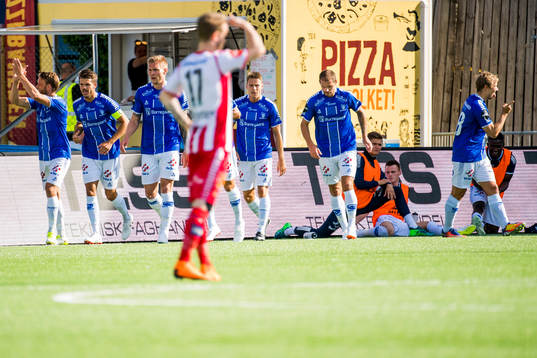 Mikkel Agger of Sarpsborg 08 celebrates with his teammates