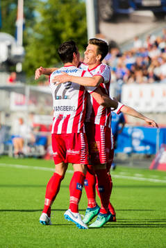 Jostein Gundersen of Tromsø celebrates with his teammates