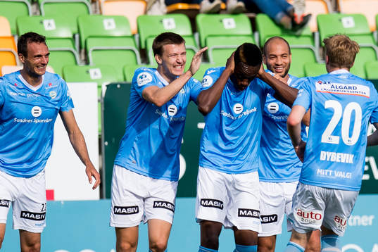 Akinsola Akinyemi of Sandnes Ulf celebrates the 0-1 goal
