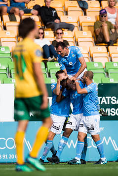 Akinsola Akinyemi of Sandnes Ulf celebrates the 0-1 goal