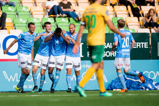 Akinsola Akinyemi of Sandnes Ulf celebrates the 0-1 goal