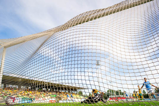 Akinsola Akinyemi of Sandnes Ulf scores the 0-1 goal behind