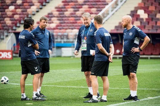 Förbundskapten Åge Hareide of Denmark talks to his staff