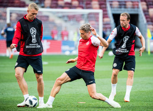 Viktor Fischer and Jens Stryger Larsen of Denmark