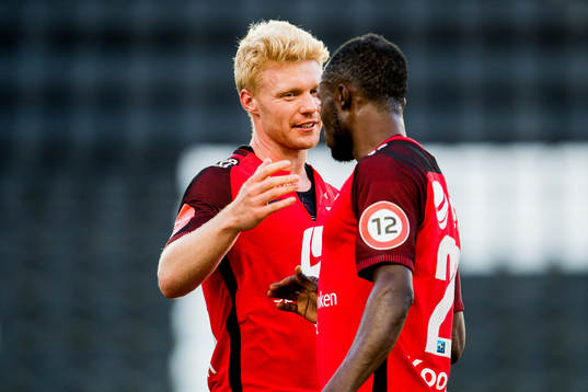Sivert Heltne Nilsen and Gilbert Koomson of Brann