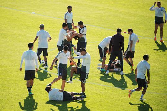 Players of the Mexican national football team fool around