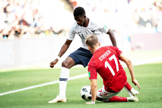 Ousmane Dembele of France and Jens Stryger Larsen of Denmark