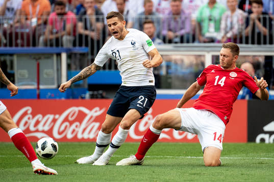 Lucas Hernandez of France and Henrik Dalsgaard of Denmark