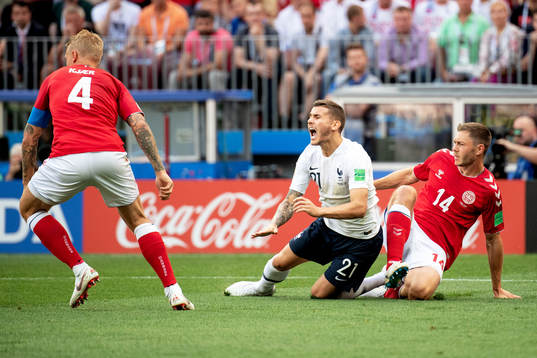 Lucas Hernandez of France and Henrik Dalsgaard of Denmark