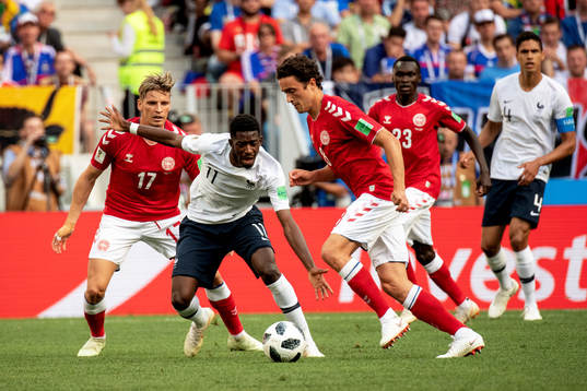 Ousmane Dembele of France and Jens Stryger Larsen and