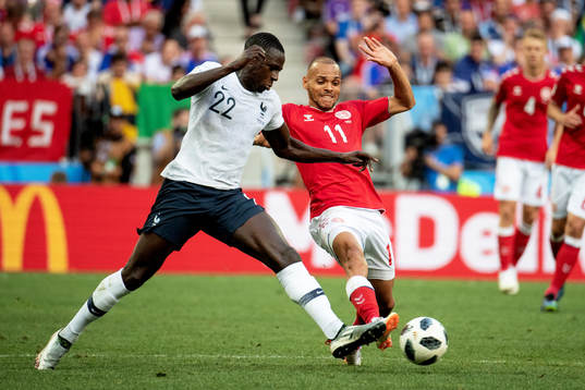 Benjamin Mendy of France and Martin Braithwaite of Denmark