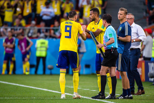 Marcus Berg and Isaac Kiese Thelin of Sweden