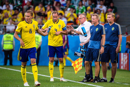Ludwig Augustinsson and Andreas Granqvist with head coach