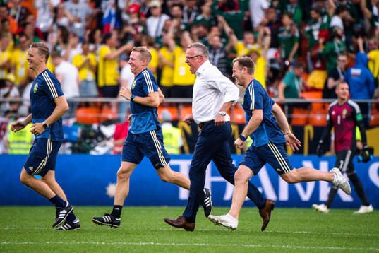 head coach Janne Andersson of Sweden celebrates