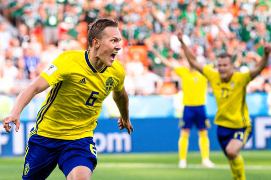 Ludwig Augustinsson of Sweden celebrates the 0-1 goal