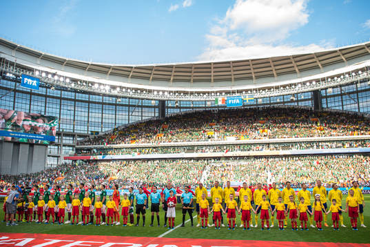 Starting elevens of Mexico and Sweden prior the FIFA World
