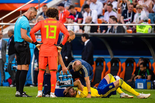 Referee Nestor Pitana and Marcus Berg of Sweden
