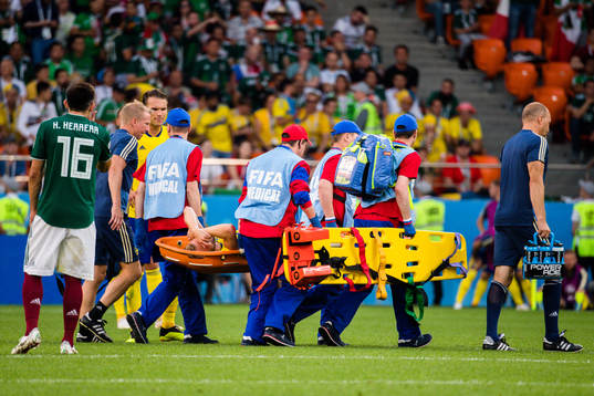Sebastian Larsson of Sweden leaves the pitch with a injury