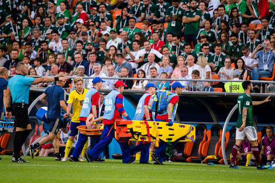Sebastian Larsson of Sweden leaves the pitch with a injury