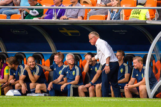 head coach Janne Andersson of Sweden celebrates