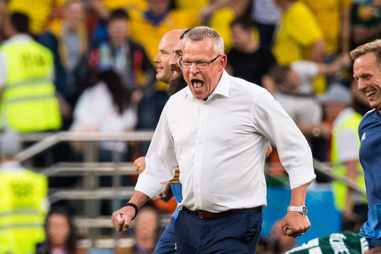 Head coach Janne Andersson of Sweden celebrates