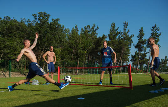 Robin Olsen, Andreas Granqvist and Sebastian Larsson of the