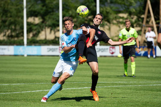 Midtjyllands Zsolt Korcsmar with the ball against Malmö