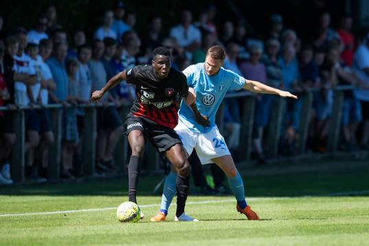 Midtjyllands Ebere Paul Onuachu with the ball against
