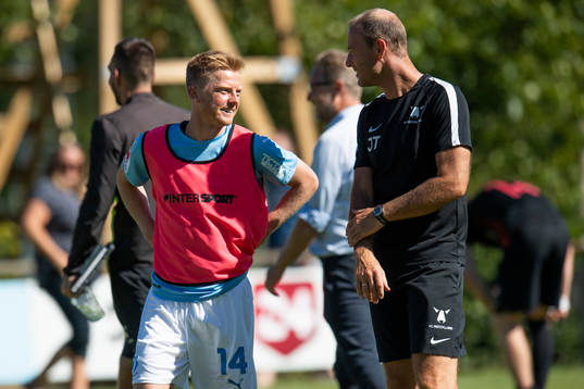 Malmö FFs Anders Christiansen and Midtjyllands Head Coach