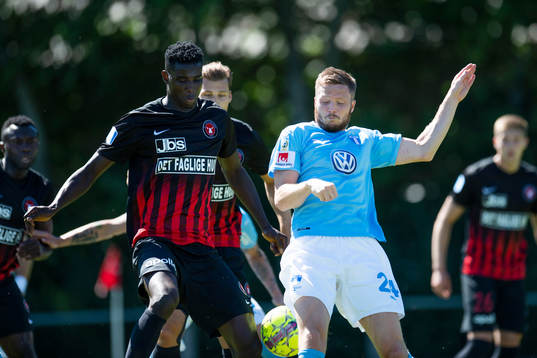 Malmö FFs Lasse Nielsen in action with Midtjyllands Ebere