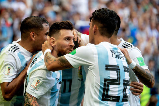 Angel Di Maria of Argentina celebrates with his teammates